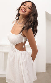 Cutout Dress in White Dotted Chiffon