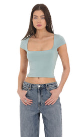 Short Sleeve Crop Top in Seaglass Blue