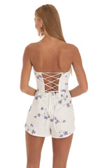 Purple Sakura Print Strapless Romper in White