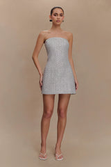 Gala Strapless Tweed Mini Dress - Silver