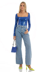 Sequin Long Sleeve Bodysuit in Blue