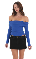 Ribbed Off Shoulder Back Tie Top in Blue