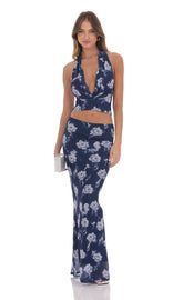 Mesh Floral Plunge Neck Two Piece Set in Navy