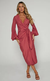 Taylor Midi Dress - Long Sleeve Wrap Dress In Clay
