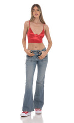 Satin V-Neck Crop Top in Red