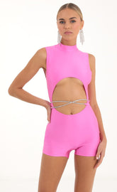 Rhinestone Cutout Romper in Pink