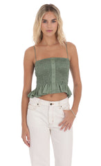 Satin Smocked Striped Button Top in Sage