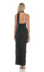 Mesh Halter Scarf Maxi Dress In Black