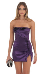 Satin Flower Ruffle Slit Dress in Purple