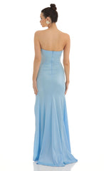 Strapless Satin Maxi Dress in Blue