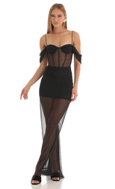 Mesh Corset Maxi Dress in Black