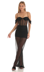 Mesh Corset Maxi Dress in Black
