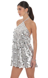 Circle Sequin Halter Shift Dress in Silver