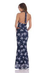 Mesh Floral Plunge Neck Two Piece Set in Navy