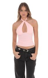 Cross Neck Halter Top in Baby Pink