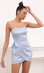 Double Tie Satin Wrap Dress In Light Blue Leopard Jacquard Print