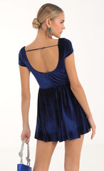 Rhinestone Velvet Corset Flare Dress in Navy