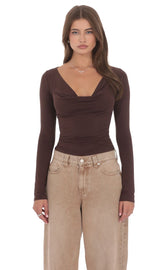 Cowl Neck Long Sleeve Top in Brown