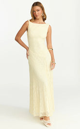 Madeleine Maxi Dress - Hight Neck A Line Dress In Lemon