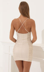 Metallic Ruched Bodycon Dress in Nude