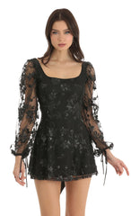 Floral Glitter A-Line Dress in Black