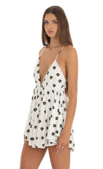 Floral Flare Pleated Romper in White