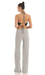 Sequin Halter Striped Jumpsuit in White and Navy