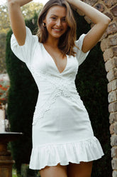 Avignon Puff Sleeve Lace And Pintuck Pleat Dress White