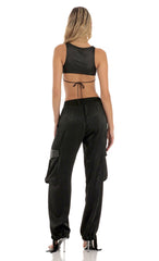 Rhinestone Satin Pants in Black