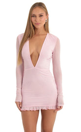 Glitter Mesh Plunging V-Neck Dress in Pink