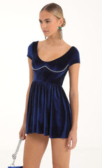 Rhinestone Velvet Corset Flare Dress in Navy