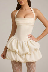 Halterneck Layered Bubble Hem Corset Mini Dress In Ivory