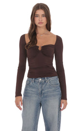 Embellished Long Sleeve Top in Chocolate