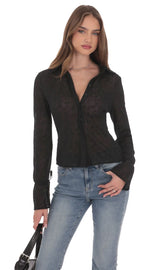 Sheer Mesh Button-Up Top in Black