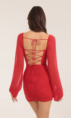 Mesh Long Sleeve Dress in Red