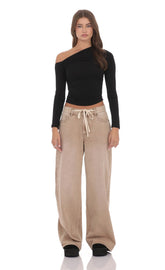 Drawstring Wide Leg Jeans in Camel