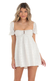 Sequin Puff Sleeve Baby Doll Dress in White