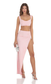 Suede Ruched Two Piece Set in Pink
