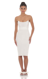 Corset Strapless Midi Dress in White