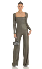 Shimmer Open Back Long Sleeve Jumpsuit in Olive