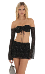 Mesh Rhinestone Two Piece Set in Black