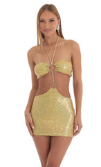 Iridescent Sequin Halter Dress in Gold