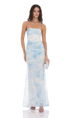 Mesh Strapless Corset Maxi Dress in Blue Tie Dye