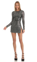Sequins Crepe Corset Dress in Silver