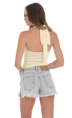 Low Rise Slit Denim Shorts in Light Blue
