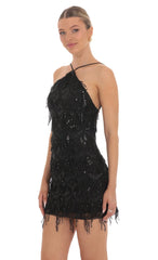 Fringe Sequin Open Back Dress in Black