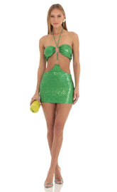 Iridescent Sequin Halter Dress in Green