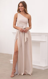 One Shoulder Pleated Dress in Gold