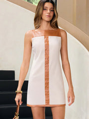 Contrast Binding Faux Leather Shift Dress