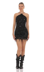 Fringe Sequin Open Back Dress in Black